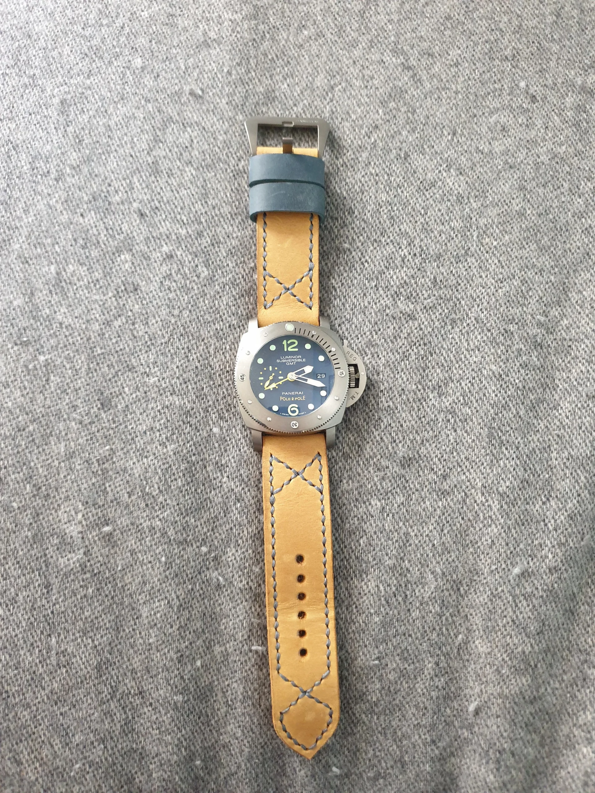 Leather watch band Yellow Blue