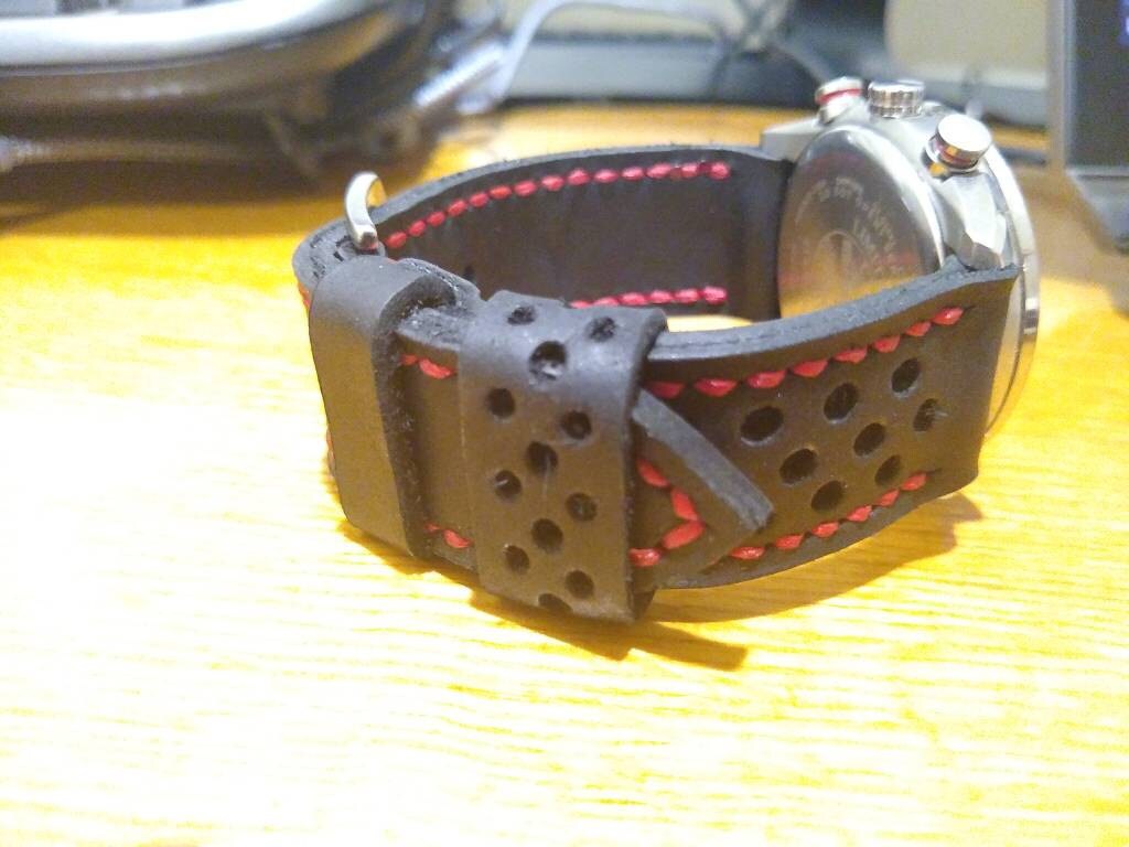 Leather watch strap Black perforated