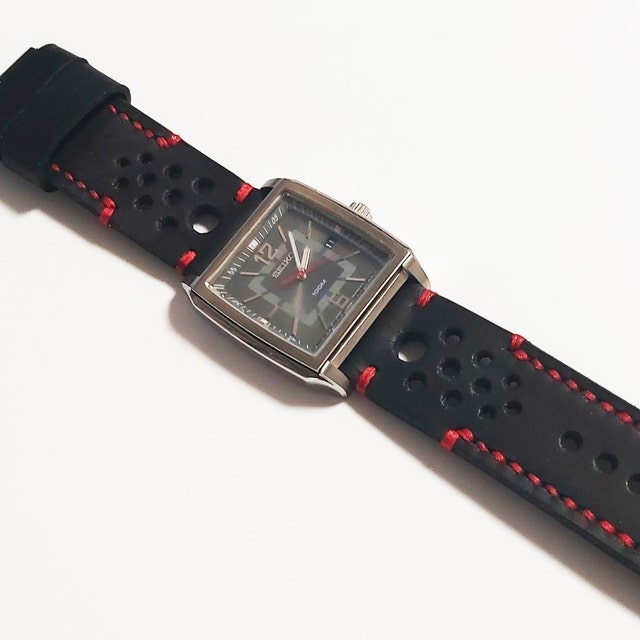 Leather watch strap Black Red perforated