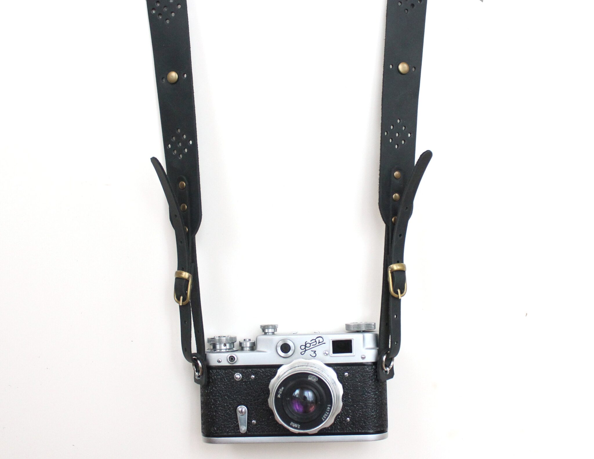 Handmade wide leather camera strap perforated Anger Refuge