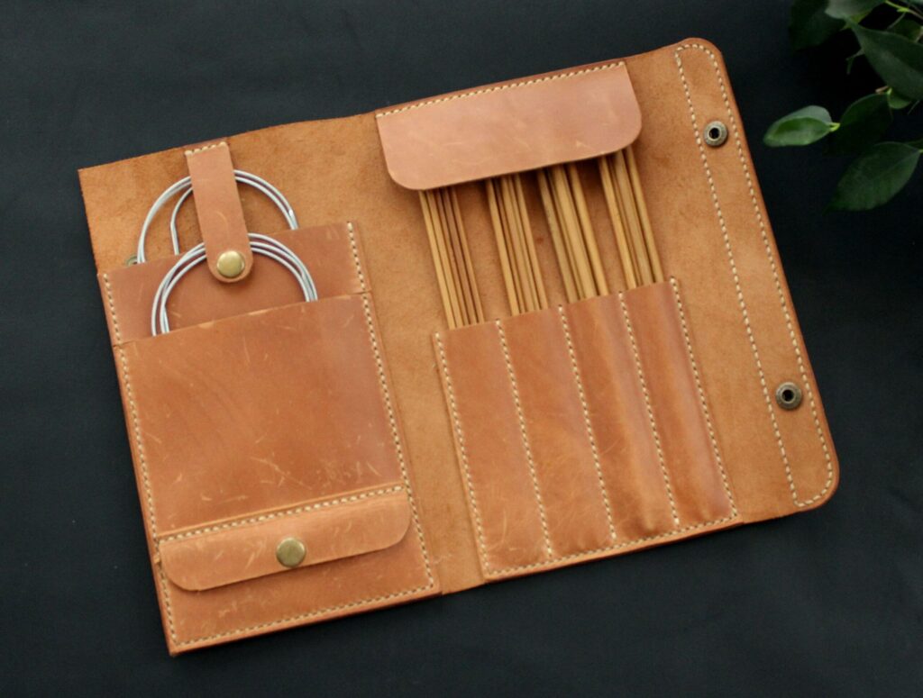 Genuine leather knitting needle organizer case