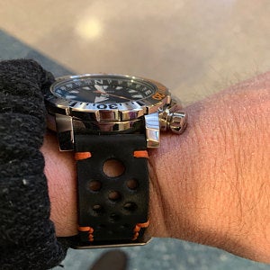 Leather watch strap Black Red perforated