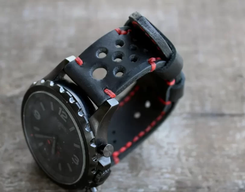 Watch strap black red perforated