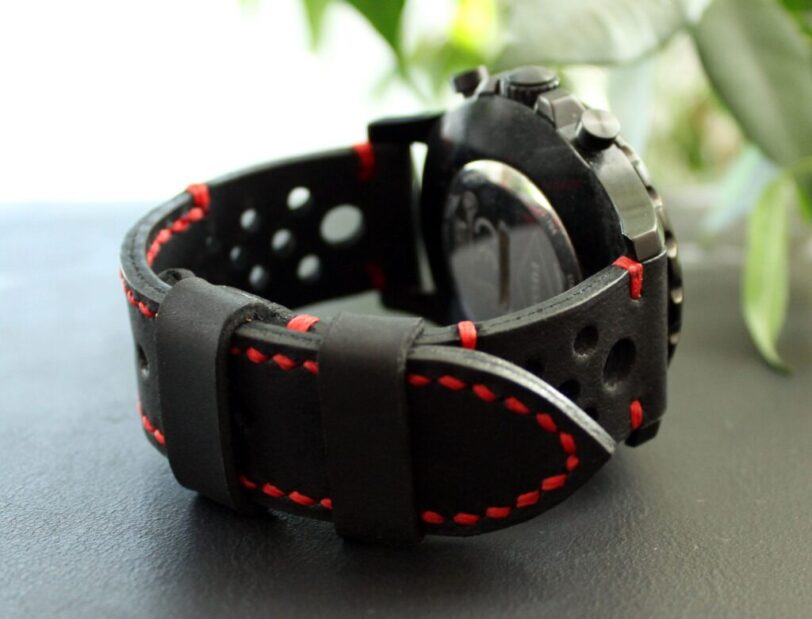 Watch strap black red perforated